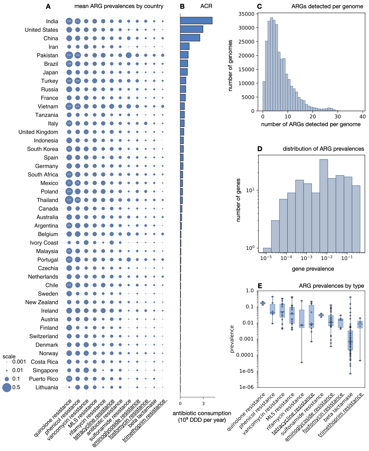 Overview of estimated prevalence of antibiotic resistance genes across thousands of bacterial genomes.